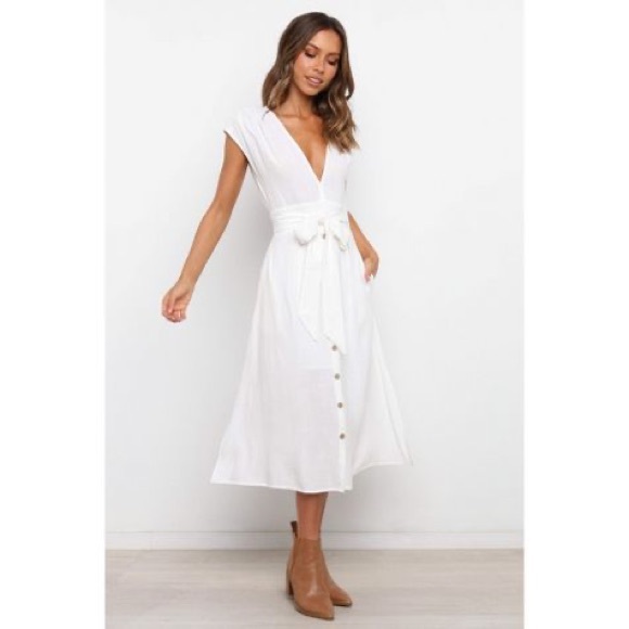 Petal & Pup Dresses & Skirts - Petal & Pup White Midi Dress with Waist Tie